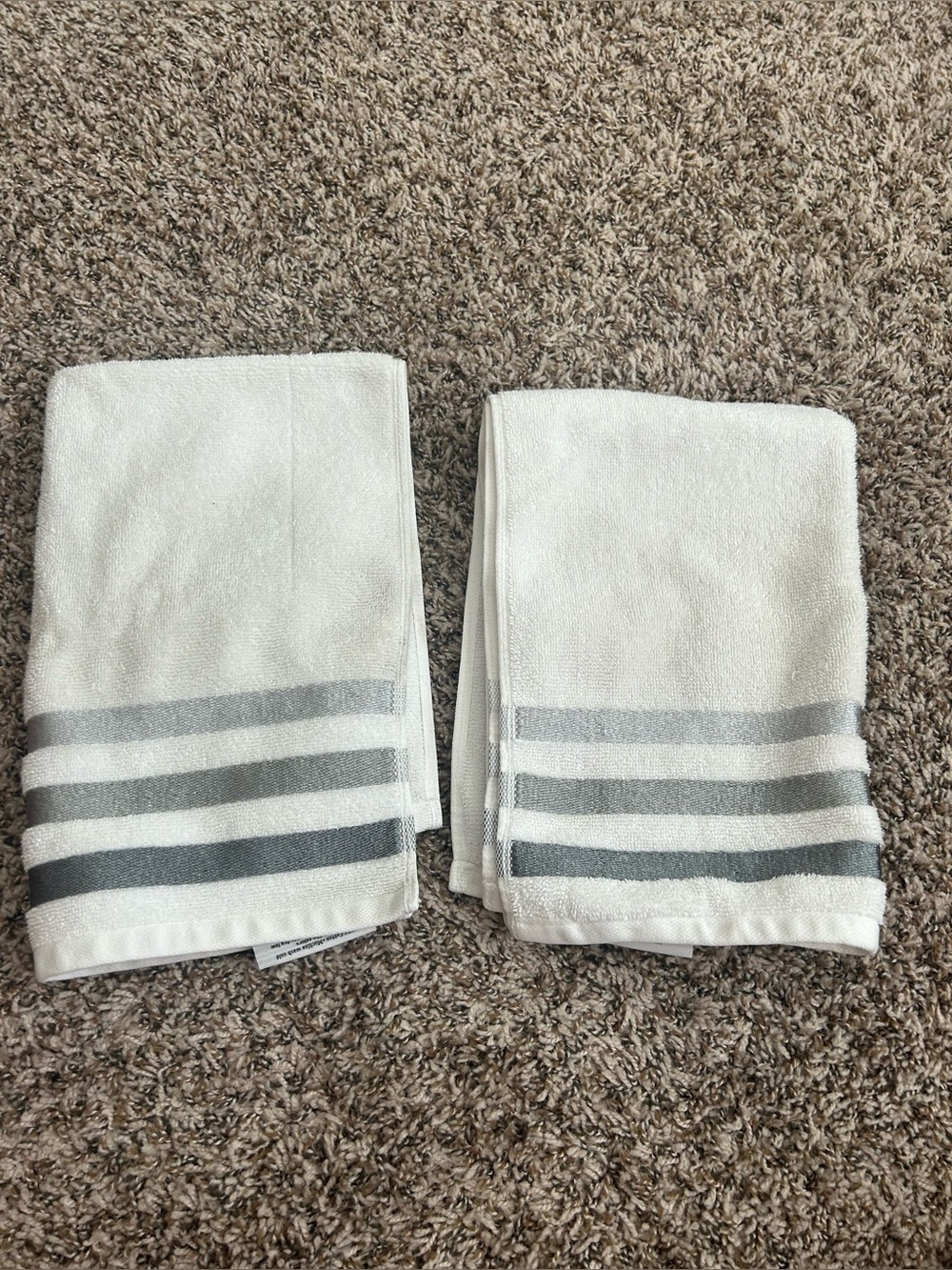 Set of Two White Hand Towels with Gray Stripes